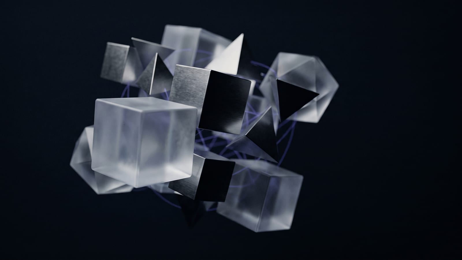Illustration abstraite : volumes géométriques imbriqués en verre et métal sombre, reliés par de fins fils lumineux indigo