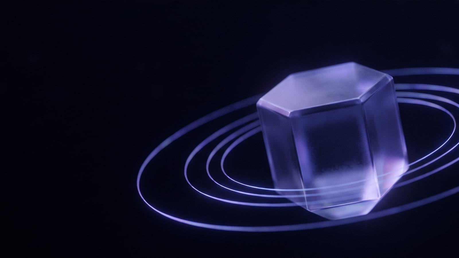 Illustration abstraite : sceau hexagonal de cristal entouré d'anneaux lumineux indigo