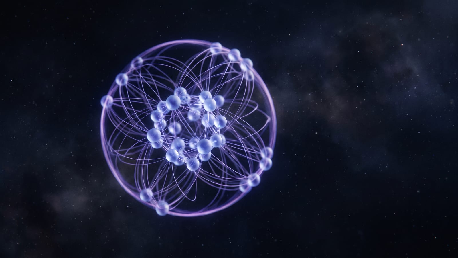 Illustration abstraite : réseau sphérique de nœuds indigo reliés par de fins filaments lumineux