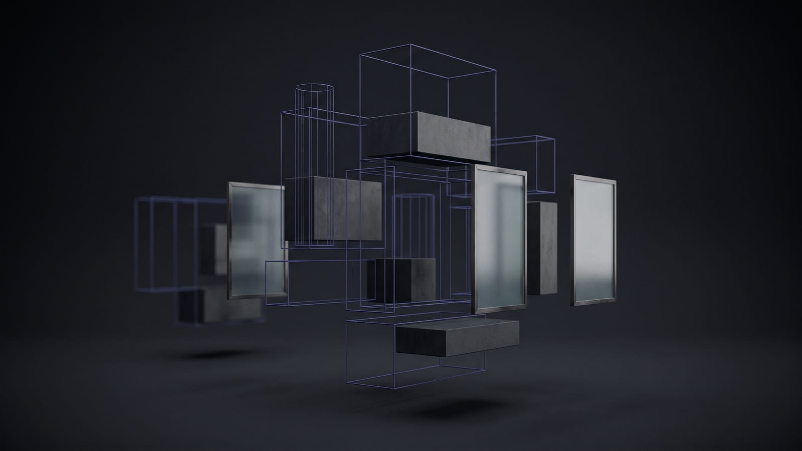 Illustration abstraite : volumes architecturaux filaires indigo formant un schéma structurel éclaté