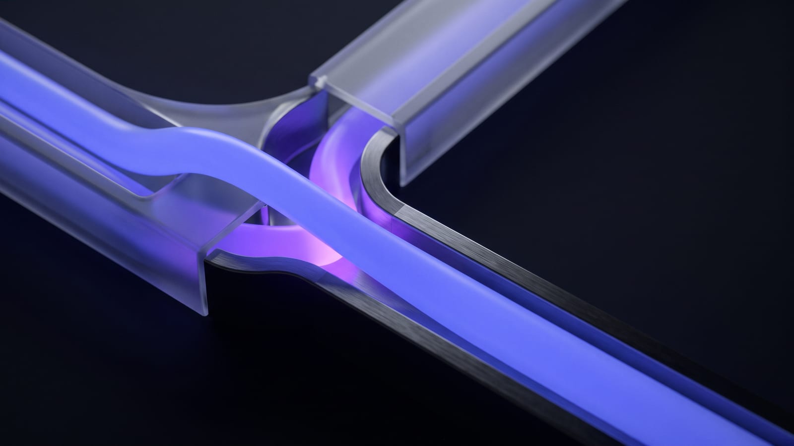 Illustration abstraite : flux lumineux indigo convergeant vers un canal unique