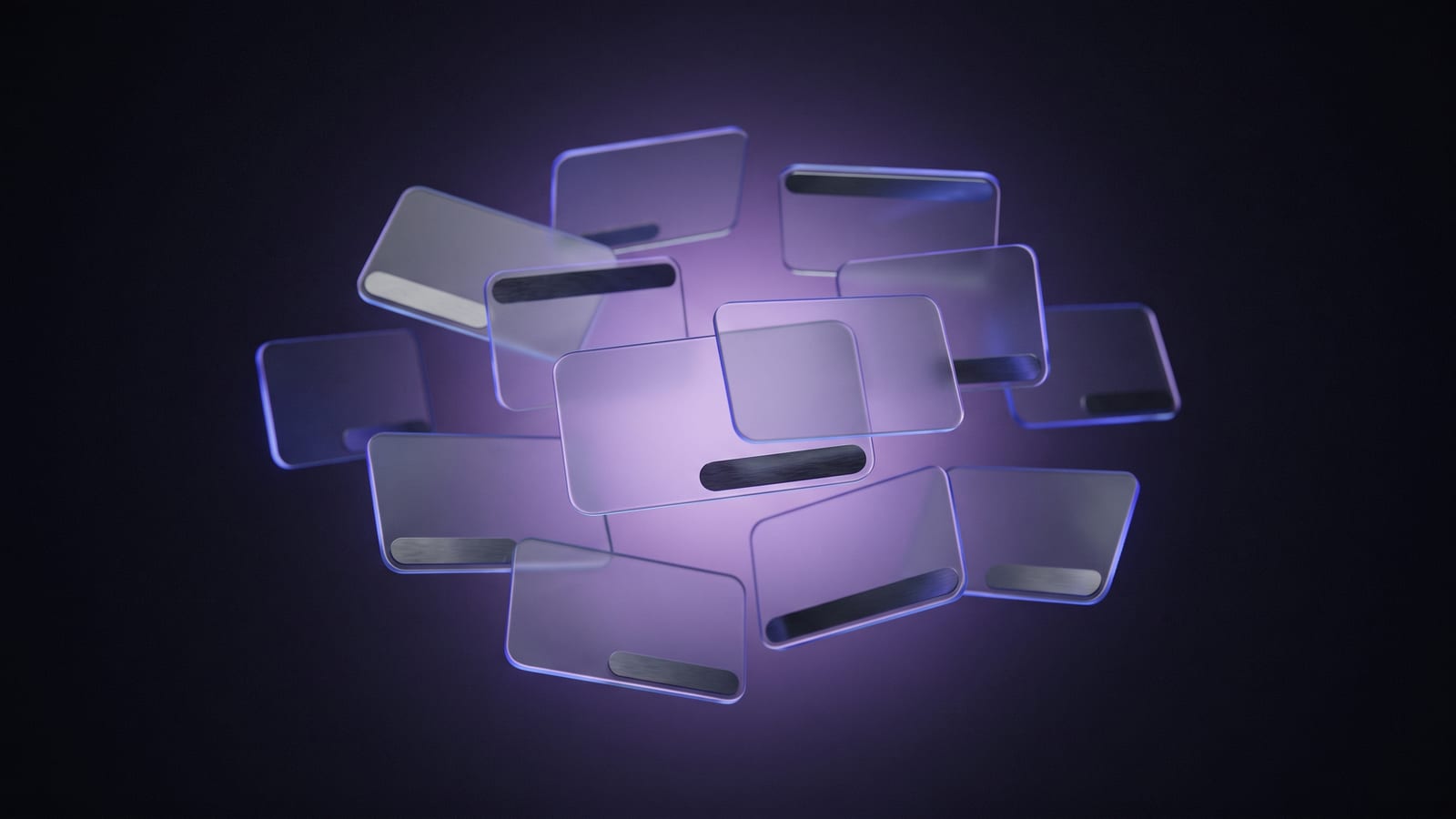 Illustration abstraite : grille de cartes de verre flottantes aux arêtes lumineuses indigo